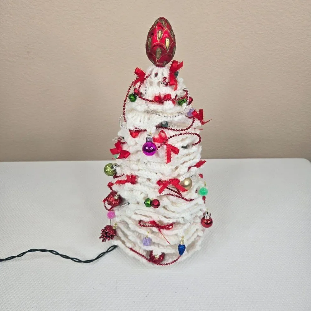 Vintage 80s Crochet Handmade White Christmas Tree Red Ribbons Ornaments Lights U